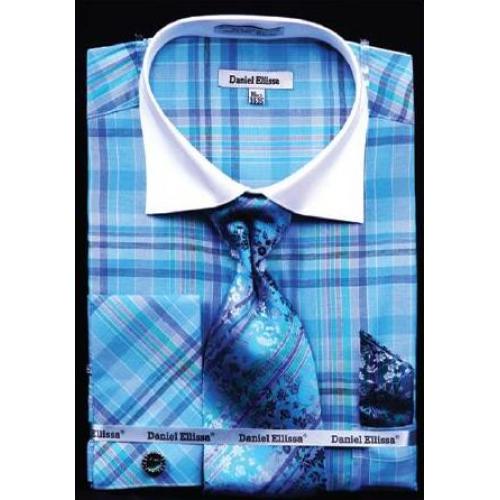 Daniel Ellissa Turquoise / Blue Checker Pattern Shirt / Tie / Hanky Set With Free Cufflinks DS3772P2